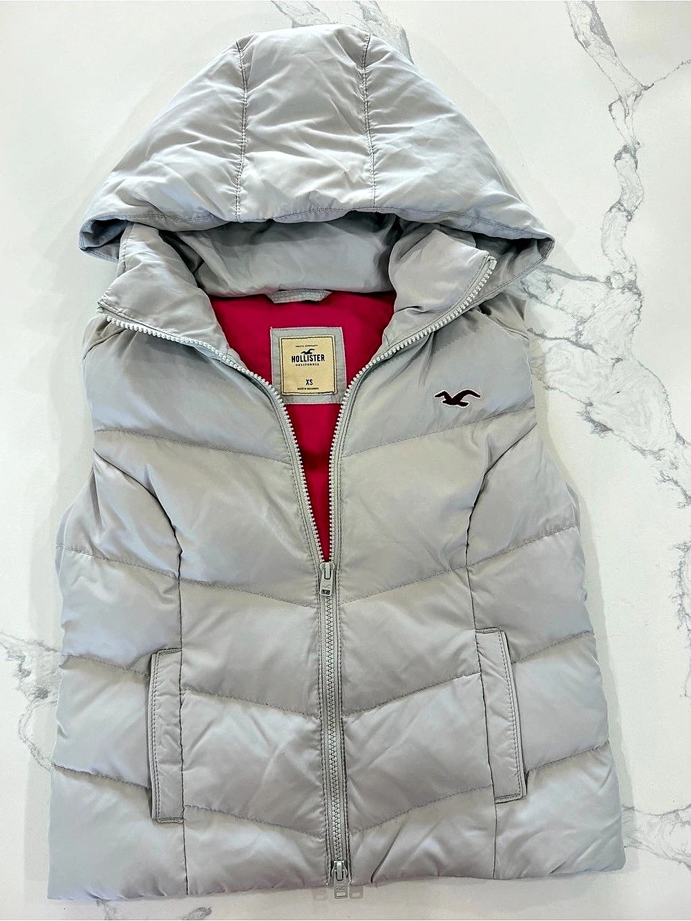 Hollister Y2K Hooded Puffer Vest Grey Pink Lining Down Blend Size XS Gorpcore